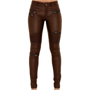 Black Pants PU Leather Coated Denim Pants for Women Sexy Tight Stretchy Rider Leggings(Coffee)