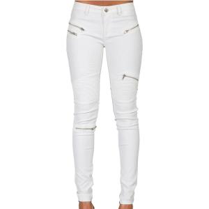 Black Pants PU Leather Coated Denim Pants for Women Sexy Tight Stretchy Rider Leggings(White)