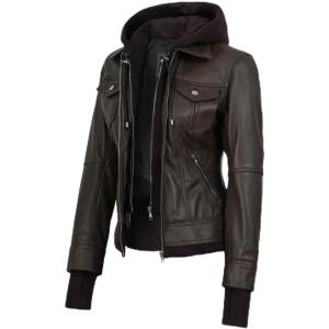 Blingsoul Hooded Leather Jacket Women – Real Lambskin Womens Leather Jackets with Detachable Hood(Espresso Brown – Betty Jacket)