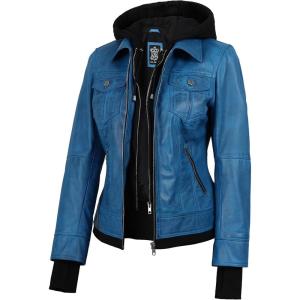 Blingsoul Hooded Leather Jacket Women – Real Lambskin Womens Leather Jackets with Detachable Hood(Vivid Blue – Betty Jacket)
