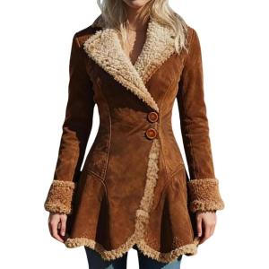 Canbebig Suede Jackets for Women Sherpa Lined Suede Jacket Notch Lapel Button Down Coat Fuzzy Faux Fur Trim Beggar Style Coat(A-brown)