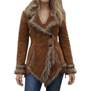 Canbebig Suede Jackets for Women Sherpa Lined Suede Jacket Notch Lapel Button Down Coat Fuzzy Faux Fur Trim Beggar Style Coat(Brown)