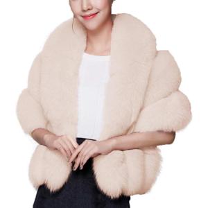 Caracilia Women Luxury Faux Fur Coat Jackets Wrap Cape Shawl for Wedding Party(Beige)