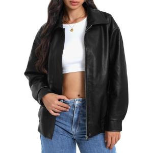 Casly Lamiit Women’s Faux Leather Jacket Oversized Motorcycle Zipper Bomber Coats Fashion Casual Travel Outfits(Black)