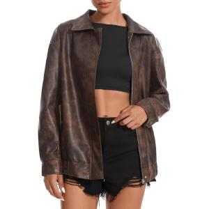 Casly Lamiit Women’s Faux Leather Jacket Oversized Motorcycle Zipper Bomber Coats Fashion Casual Travel Outfits(Brown)