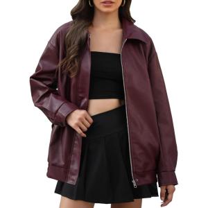 Casly Lamiit Women’s Faux Leather Jacket Oversized Motorcycle Zipper Bomber Coats Fashion Casual Travel Outfits(Burgundy)