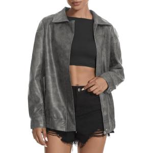 Casly Lamiit Women’s Faux Leather Jacket Oversized Motorcycle Zipper Bomber Coats Fashion Casual Travel Outfits(Grey)