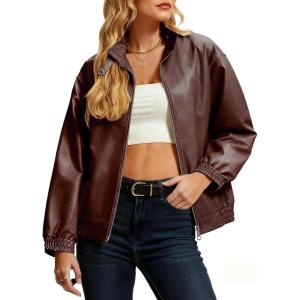 Casly Lamiit Women’s Faux Leather Jacket Oversized Winter Stand Collar Double Zipper Casual Motorcycle Bomber Coat Outwear(Chocolate)