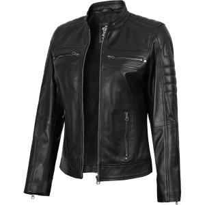 Decrum Leather Jacket Women – Stylish Casual Real Lambskin Leather Jackets for Women(Café Racer Leather Jacket – Black)