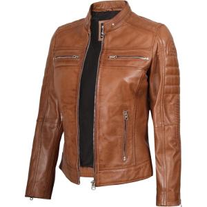 Decrum Leather Jacket Women – Stylish Casual Real Lambskin Leather Jackets for Women(Café Racer Leather Jacket – Brown Without Wax)