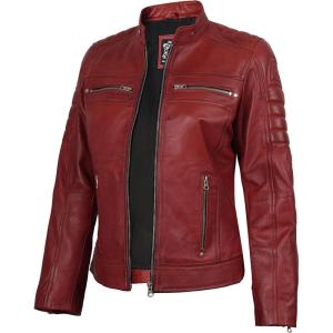 Decrum Leather Jacket Women – Stylish Casual Real Lambskin Leather Jackets for Women(Cafe Racer – Women Red Wax Leather Jacket)