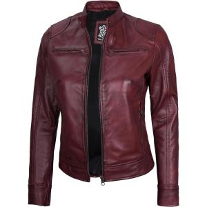 Decrum Leather Jackets For Women – Cafe Racer Style Casual Womens Leather Jacket(Ddge – Burgundy Leather Jacket)