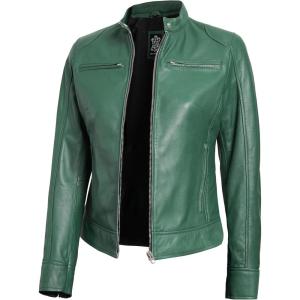 Decrum Leather Jackets For Women – Cafe Racer Style Casual Womens Leather Jacket(Ddge – Green Leather Jacket)