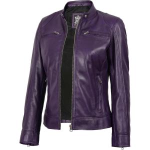 Decrum Leather Jackets For Women – Cafe Racer Style Casual Womens Leather Jacket(Ddge – Purple Leather Jacket)