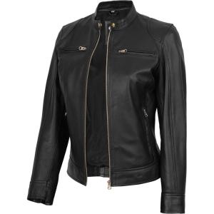 Decrum Leather Jackets For Women – Cafe Racer Style Casual Womens Leather Jacket(Ddge Black – Womens Golden Accessories Leather Jacket)