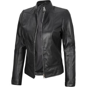 Decrum Womens Leather Jacket – Real Lambskin Cafe Racer Style Leather Jackets for Women(Amy – Black Leather Jacket Women)