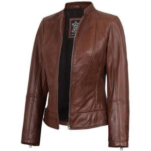 Decrum Womens Leather Jacket – Real Lambskin Cafe Racer Style Leather Jackets for Women(Amy – Cognac Leather Jacket Women)
