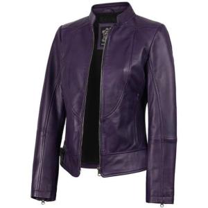 Decrum Womens Leather Jacket – Real Lambskin Cafe Racer Style Leather Jackets for Women(Amy – Purple Leather Jacket Women)