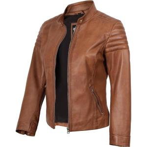 Decrum Womens Leather Jacket – Real Lambskin Cafe Racer Style Leather Jackets for Women(Carrie – Brown Leather Jacket Women)