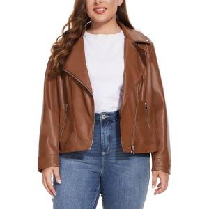 Fahsyee Women’s Faux Leather Jackets, Zip Up Motorcycle Short PU Moto Biker Outwear Fitted Plus Size Coat(Brown)