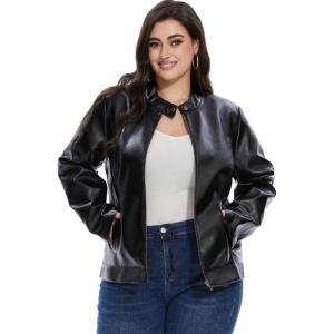 Fahsyee Women’s Faux Leather Jackets, Zip Up Motorcycle Short PU Moto Biker Outwear Fitted Plus Size Coat(Deep Black)