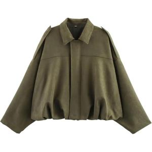 Faux Suede Jacket Women Oversized Long Sleeve Zip Up Epaulet Bomber Leather Jackets Oversized Casual Coat(Army-green)