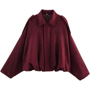 Faux Suede Jacket Women Oversized Long Sleeve Zip Up Epaulet Bomber Leather Jackets Oversized Casual Coat(Wine-red)