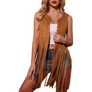HOTOUCH Women Fringe Vest 70s Hippie Faux Suede Sleeveless Tassels Cardigan Cowgirl Western Tops(Brown)