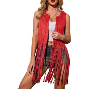 HOTOUCH Women Fringe Vest 70s Hippie Faux Suede Sleeveless Tassels Cardigan Cowgirl Western Tops(Red)