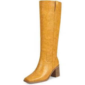 ISNOM Knee High Boots Women Chunky Low Heel Square Toe Elastic Boots Side Zipper Faux Leather Fall Long Tall Boot(A-bright Banana-yellow)