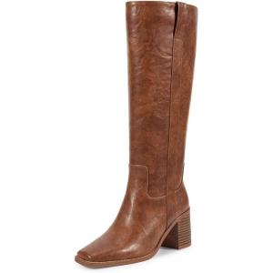 ISNOM Knee High Boots Women Chunky Low Heel Square Toe Elastic Boots Side Zipper Faux Leather Fall Long Tall Boot(A-reddish Brown)