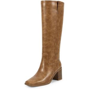 ISNOM Knee High Boots Women Chunky Low Heel Square Toe Elastic Boots Side Zipper Faux Leather Fall Long Tall Boot(A-vitality Brown)