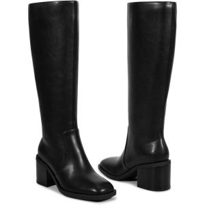 ISNOM Knee High Boots Women Chunky Low Heel Square Toe Elastic Boots Side Zipper Faux Leather Fall Long Tall Boot(Black Square Toe)