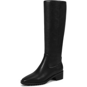 ISNOM Knee High Boots Women Chunky Low Heel Square Toe Elastic Boots Side Zipper Faux Leather Fall Long Tall Boot(Black-block Heels)