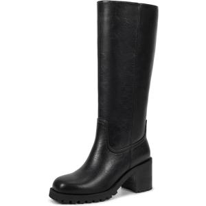 ISNOM Knee High Boots Women Chunky Low Heel Square Toe Elastic Boots Side Zipper Faux Leather Fall Long Tall Boot(Black-chunky Heels)