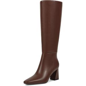ISNOM Knee High Boots Women Chunky Low Heel Square Toe Elastic Boots Side Zipper Faux Leather Fall Long Tall Boot(Brown 2.95in Heel)
