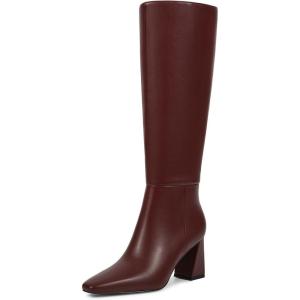 ISNOM Knee High Boots Women Chunky Low Heel Square Toe Elastic Boots Side Zipper Faux Leather Fall Long Tall Boot(Burgundy 2.95in Heel)