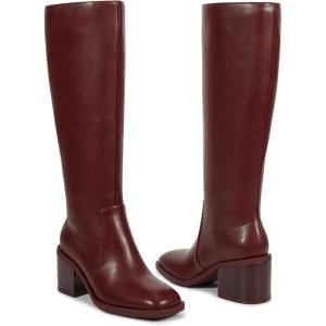 ISNOM Knee High Boots Women Chunky Low Heel Square Toe Elastic Boots Side Zipper Faux Leather Fall Long Tall Boot(Burgundy Square Toe)