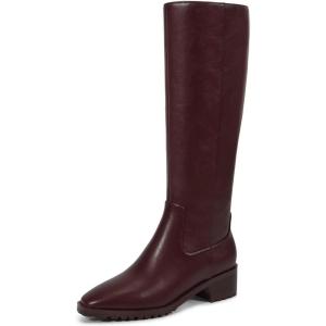 ISNOM Knee High Boots Women Chunky Low Heel Square Toe Elastic Boots Side Zipper Faux Leather Fall Long Tall Boot(Burgundy-block Heels)