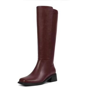 ISNOM Knee High Boots Women Chunky Low Heel Square Toe Elastic Boots Side Zipper Faux Leather Fall Long Tall Boot(Burgundy-low Heels)