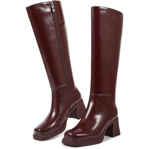 ISNOM Knee High Boots Women Chunky Low Heel Square Toe Elastic Boots Side Zipper Faux Leather Fall Long Tall Boot(Dark Brown Glossy)