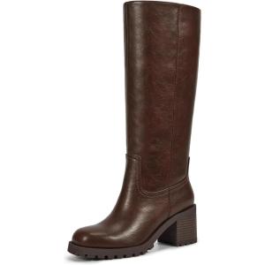 ISNOM Knee High Boots Women Chunky Low Heel Square Toe Elastic Boots Side Zipper Faux Leather Fall Long Tall Boot(Dark Brown-chunky Heels)