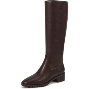 ISNOM Knee High Boots Women Chunky Low Heel Square Toe Elastic Boots Side Zipper Faux Leather Fall Long Tall Boot(Darkbrown-block Heels)