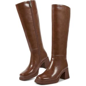 ISNOM Knee High Boots Women Chunky Low Heel Square Toe Elastic Boots Side Zipper Faux Leather Fall Long Tall Boot(Matte Brown Glossy)