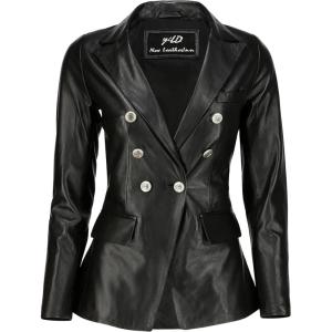 Jild Double Breasted Fancy Buttons Lambskin Leather Blazer Women – Kim Kardashian Long Sleeve Coat Style Leather Jacket Women(Black)