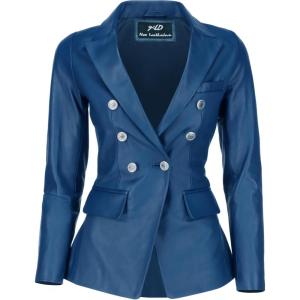 Jild Double Breasted Fancy Buttons Lambskin Leather Blazer Women – Kim Kardashian Long Sleeve Coat Style Leather Jacket Women(Blue)