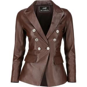Jild Double Breasted Fancy Buttons Lambskin Leather Blazer Women – Kim Kardashian Long Sleeve Coat Style Leather Jacket Women(Brown)