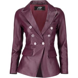 Jild Double Breasted Fancy Buttons Lambskin Leather Blazer Women – Kim Kardashian Long Sleeve Coat Style Leather Jacket Women(Burgundy)