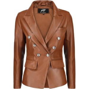 Jild Double Breasted Fancy Buttons Lambskin Leather Blazer Women – Kim Kardashian Long Sleeve Coat Style Leather Jacket Women(Cognac)