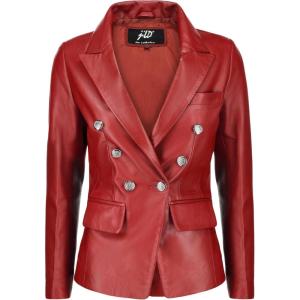 Jild Double Breasted Fancy Buttons Lambskin Leather Blazer Women – Kim Kardashian Long Sleeve Coat Style Leather Jacket Women(Red)
